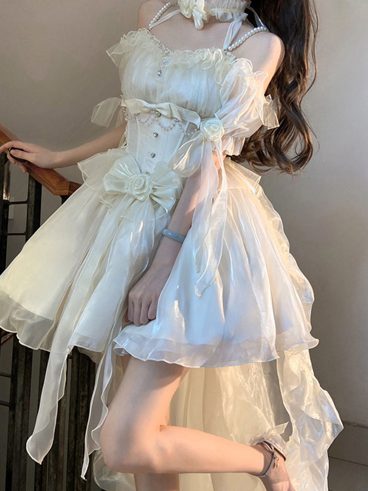 Vintage High Low Off The Shoulder Short Sleeves 18th White Birthday Dress Lolita Summer Dress Birthday Outfits W1011
