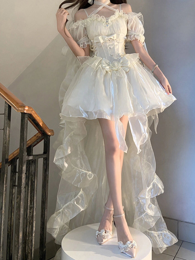 Vintage High Low Off The Shoulder Short Sleeves 18th White Birthday Dress Lolita Summer Dress Birthday Outfits W1011