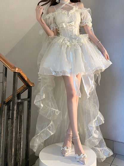 Vintage High Low Off The Shoulder Short Sleeves 18th White Birthday Dress Lolita Summer Dress Birthday Outfits W1011