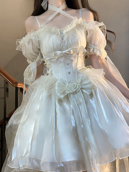 Vintage High Low Off The Shoulder Short Sleeves 18th White Birthday Dress Lolita Summer Dress Birthday Outfits W1011