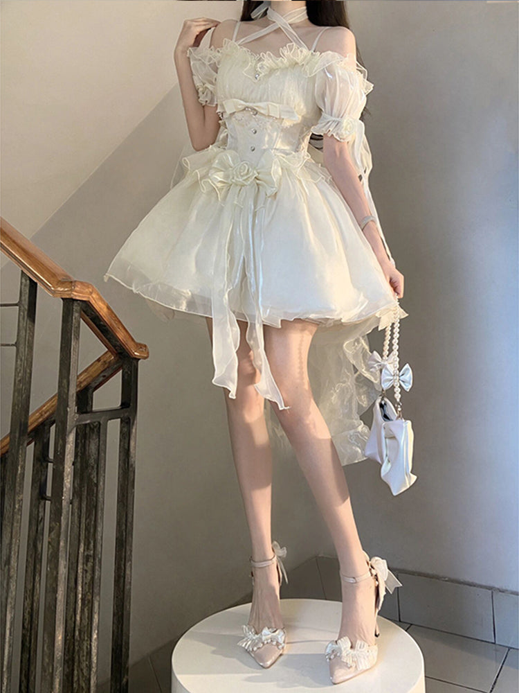 Vintage High Low Off The Shoulder Short Sleeves 18th White Birthday Dress Lolita Summer Dress Birthday Outfits W1011