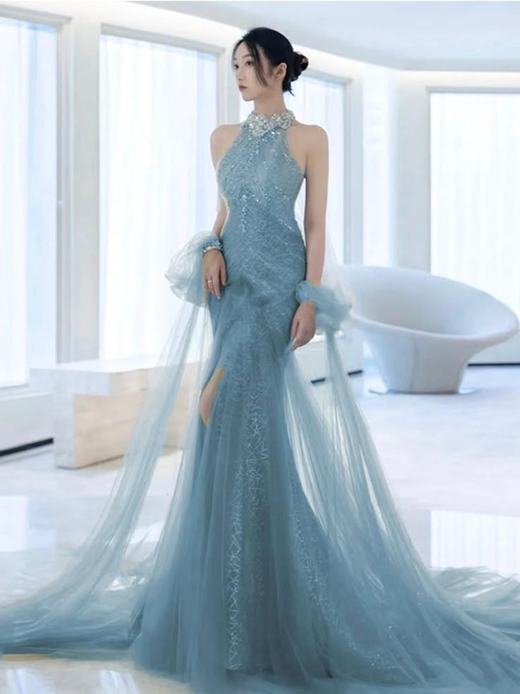 Elegant Mermaid High Neck Dusty Blue Long Prom Dresses Party Dress Summer 20th Birthday Outfits 18th Birthday Dresses W1017