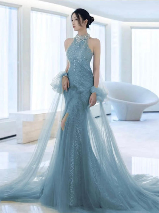 Elegant Mermaid High Neck Dusty Blue Long Prom Dresses Party Dress Summer 20th Birthday Outfits 18th Birthday Dresses W1017