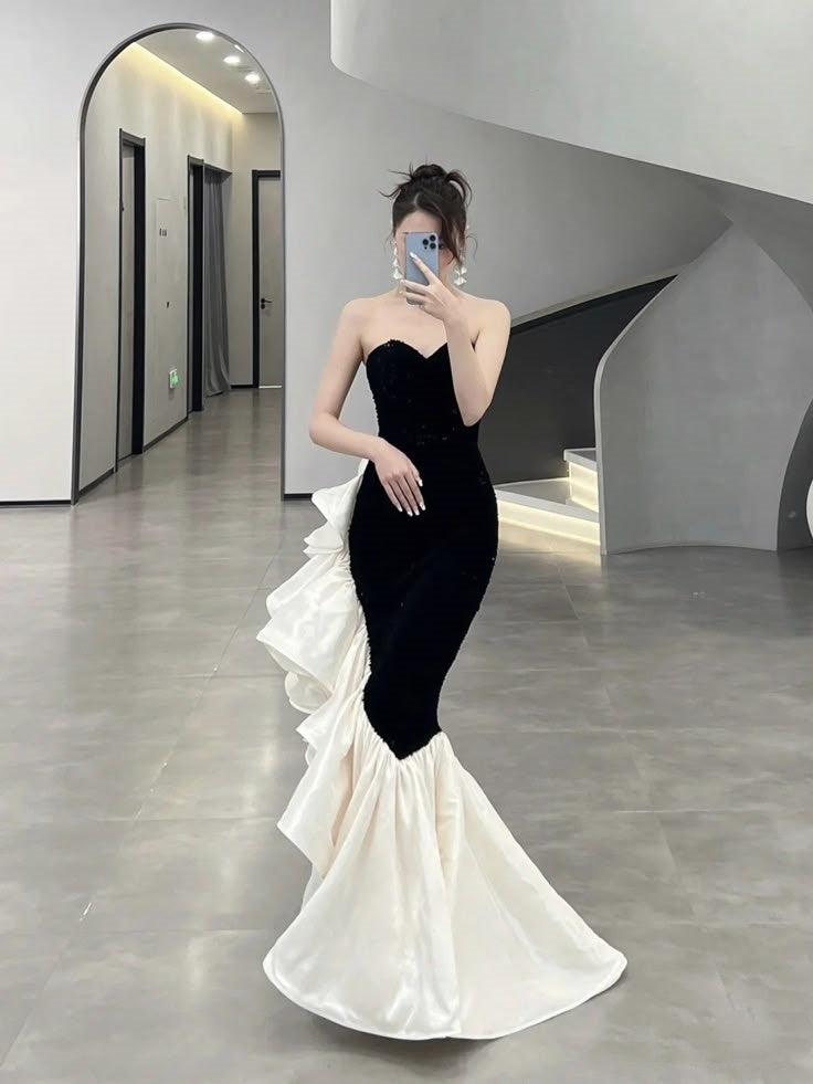 Elegant Mermaid Sweetheart Satin Black Long Prom Dresses Party Dress Summer 20th Birthday Outfits 18th Birthday Dresses W1027