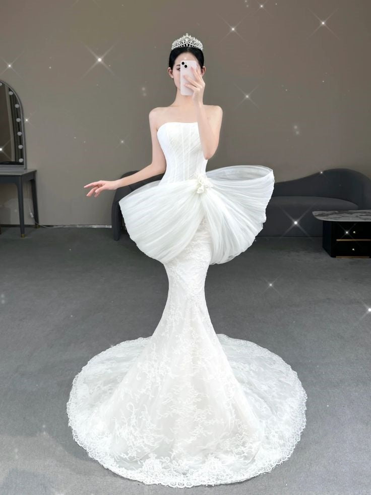 Simple Wedding Dress Mermaid Strapless White Tulle Lace Summer Beach Long Wedding Dresses Bridal Gowns W1030