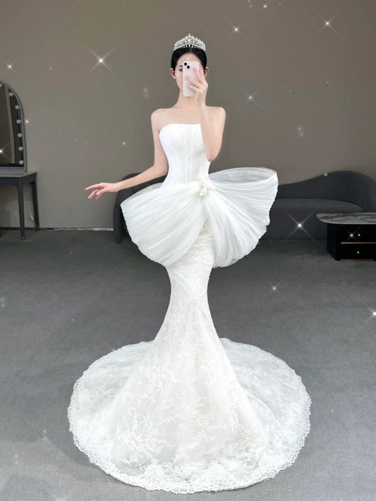 Simple Wedding Dress Mermaid Strapless White Tulle Lace Summer Beach Long Wedding Dresses Bridal Gowns W1030