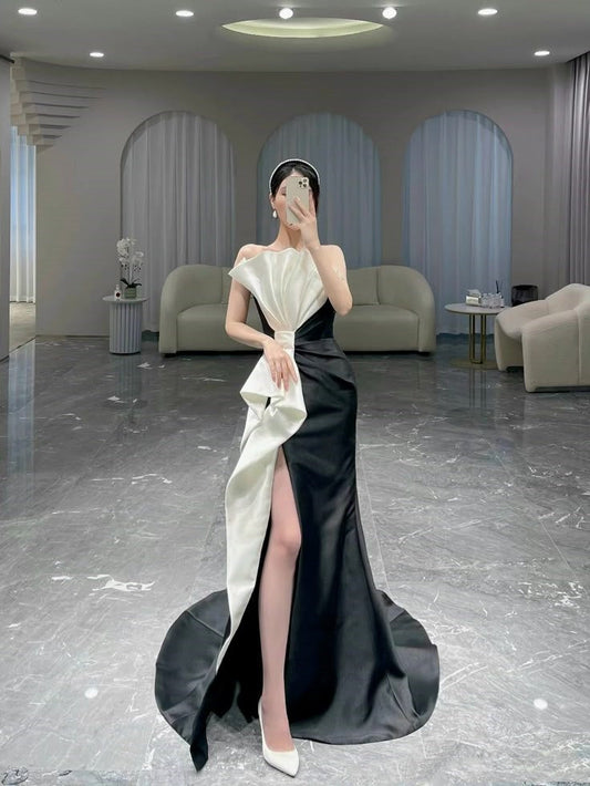 Elegant Mermaid Strapless Satin Black Long Prom Dresses Party Dress Summer 20th Birthday Outfits 18th Birthday Dresses W1031