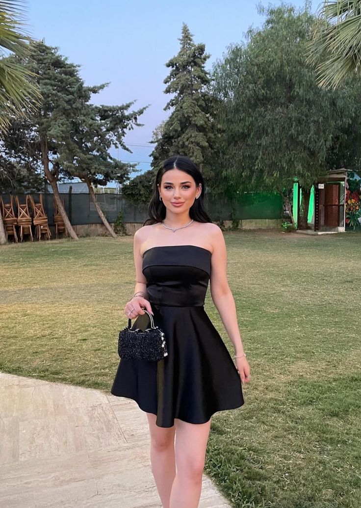 Cute A line Strapless Short Satin Black Formal 8th Grade Homecoming Dress Summer Middle School Hoco Dresses Birthday Outfits W1037