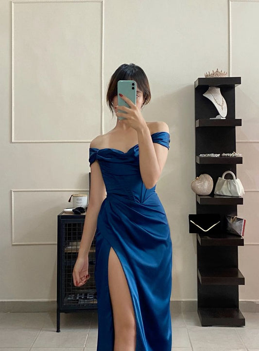 Elegant Mermaid Off The Shoulder Royal Blue Slit Long Prom Dresses Party Dress Summer 20th Birthday Outfits 18th Birthday Dresses W1038