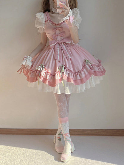 Sweet Ball Gown Lolita Outfits Short Sleeves Pink 18th Birthday Dress Lolita Summer Dress Birthday Outfits W1122