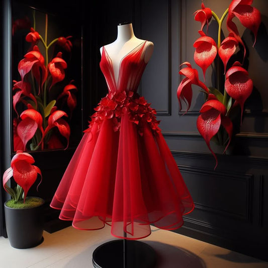 Pretty Ball Gown V Neck Red Tulle Formal 8th Grade Homecoming Dress Summer Middle School Hoco Dresses Birthday Outfits W1141