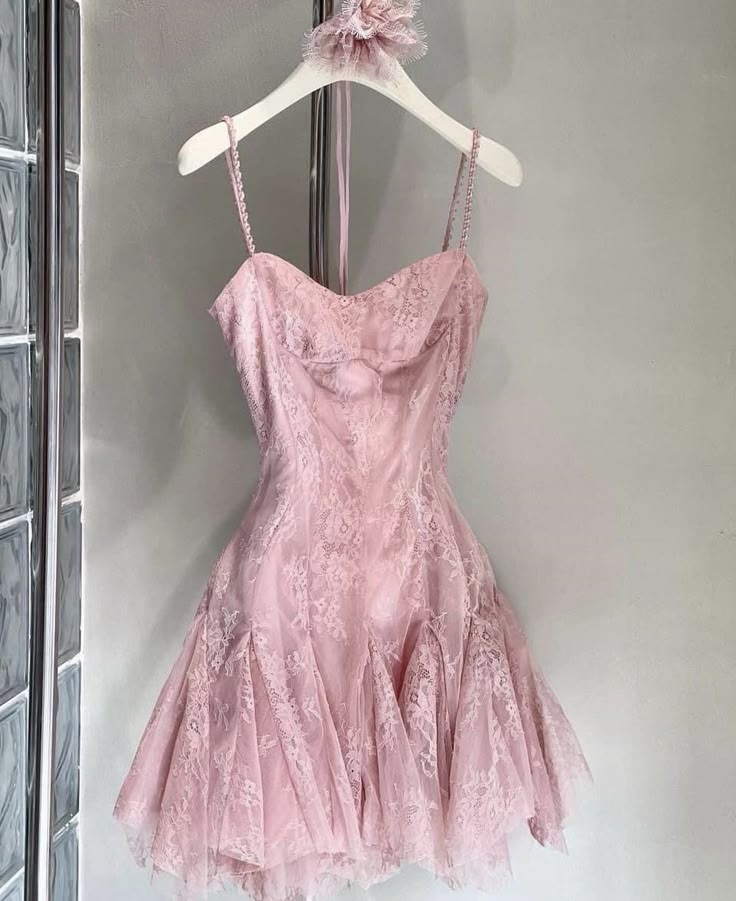Pretty A line Spaghetti Straps Tulle Lace Pink Formal 8th Grade Homecoming Dress Summer Middle School Hoco Dresses W1155