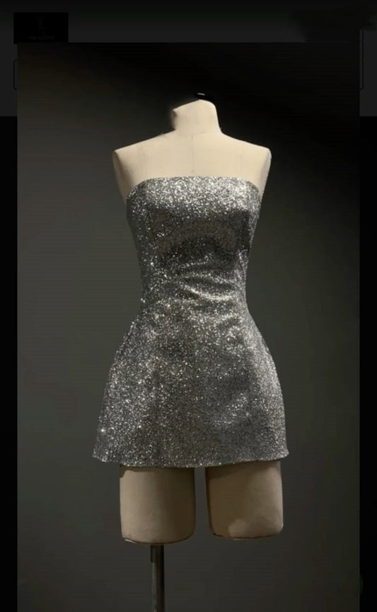 Cute A line Strapless Silver Short Sequin Formal 8th Grade Homecoming Dress Summer Middle School Hoco Dresses Birthday Outfits W1147