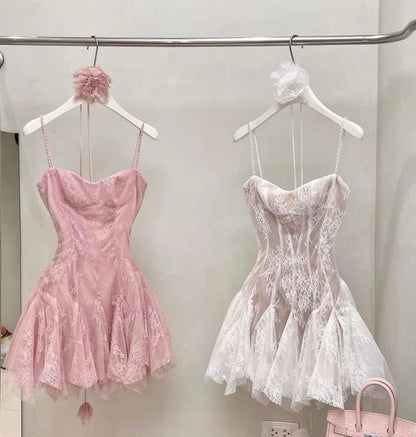 Pretty A line Spaghetti Straps Tulle Lace Pink Formal 8th Grade Homecoming Dress Summer Middle School Hoco Dresses W1155