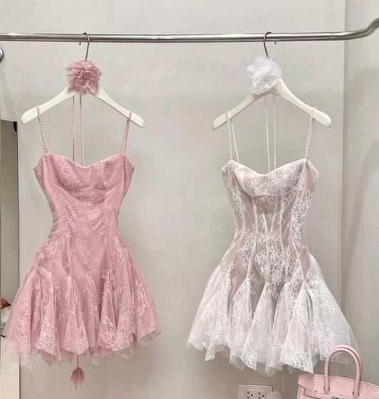 Pretty A line Spaghetti Straps Tulle Lace Pink Formal 8th Grade Homecoming Dress Summer Middle School Hoco Dresses W1155