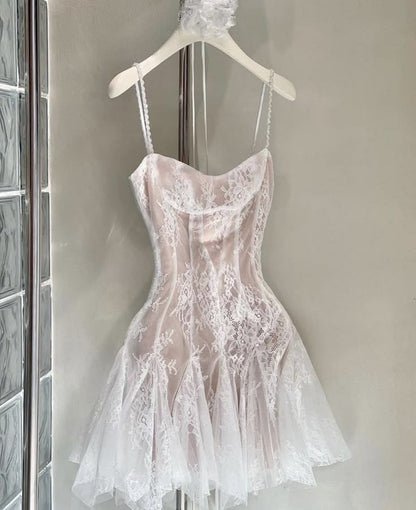 Pretty A line Spaghetti Straps Tulle Lace Pink Formal 8th Grade Homecoming Dress Summer Middle School Hoco Dresses W1155