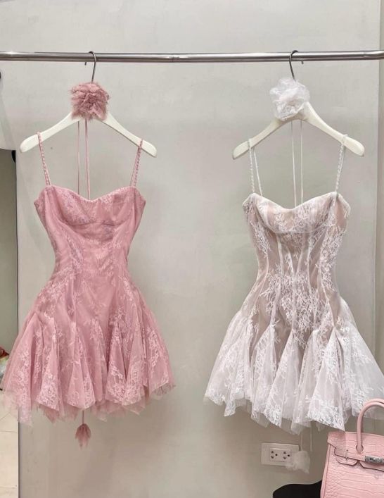 Pretty A line Spaghetti Straps Tulle Lace Pink Formal 8th Grade Homecoming Dress Summer Middle School Hoco Dresses W1155