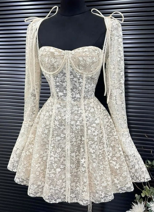 Pretty A line Sweetheart White Lace Dress Formal 8th Grade Short Mini Homecoming Dress Summer Middle School Hoco Dresses Birthday Outfits W1165