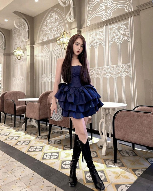 Pretty Ball Gown Strapless Navy Blue Satin Dress Formal 8th Grade Short Mini Homecoming Dress Summer Middle School Hoco Dresses Birthday Outfits W1185