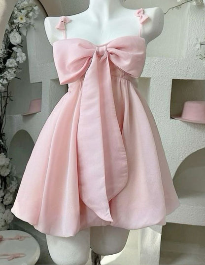 Vintage A line Spaghetti Straps Pink Satin Bow-knot Short Mini Formal 8th Grade Homecoming Dresses Summer Middle School Hoco Dress Birthday Outfits W1188