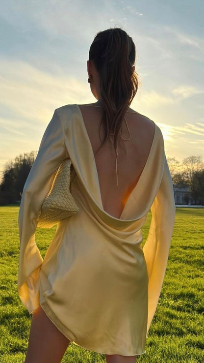 Pretty A line Long Sleeves Yellow Satin Dress Formal 8th Grade Short Mini Homecoming Dress Summer Middle School Hoco Dresses Birthday Outfits W1194