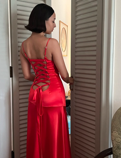 Sexy Mermaid Spaghetti Strap Red Satin Prom Dress Evening Dress with Slit SH2161