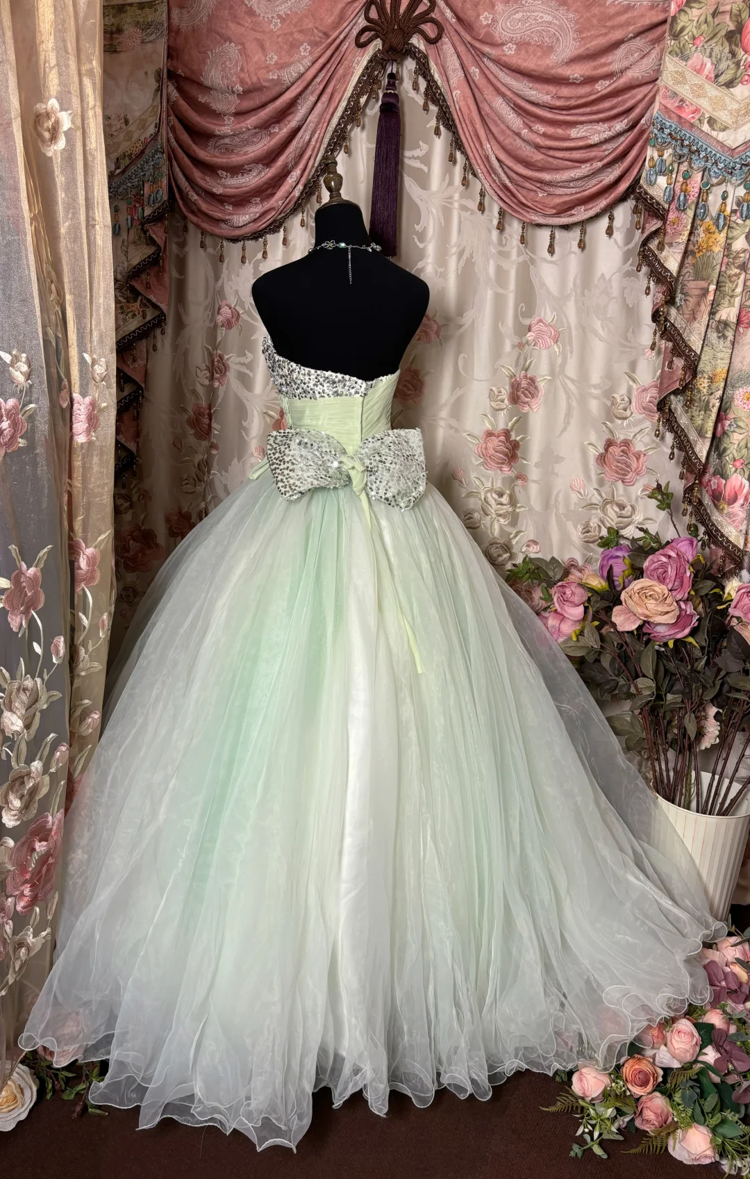 Vintage Light Green Ball Gown One Shoulder Flower Organza Long Prom Dress Evening Dress SH3734