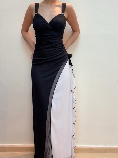 Unique Sheath Spaghetti Strap Black White Chiffon Prom Dress Evening Dress SH2222