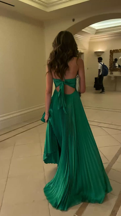 Stunning A Line Spaghetti Strap Green Satin Open Back Prom Dress Evening Dress SH1341