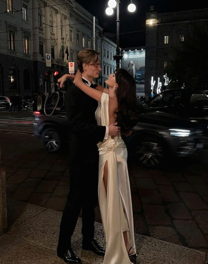 Elegant Sheath Champagne Satin Open Back Prom Dress Evening Dress with Slit SH2149