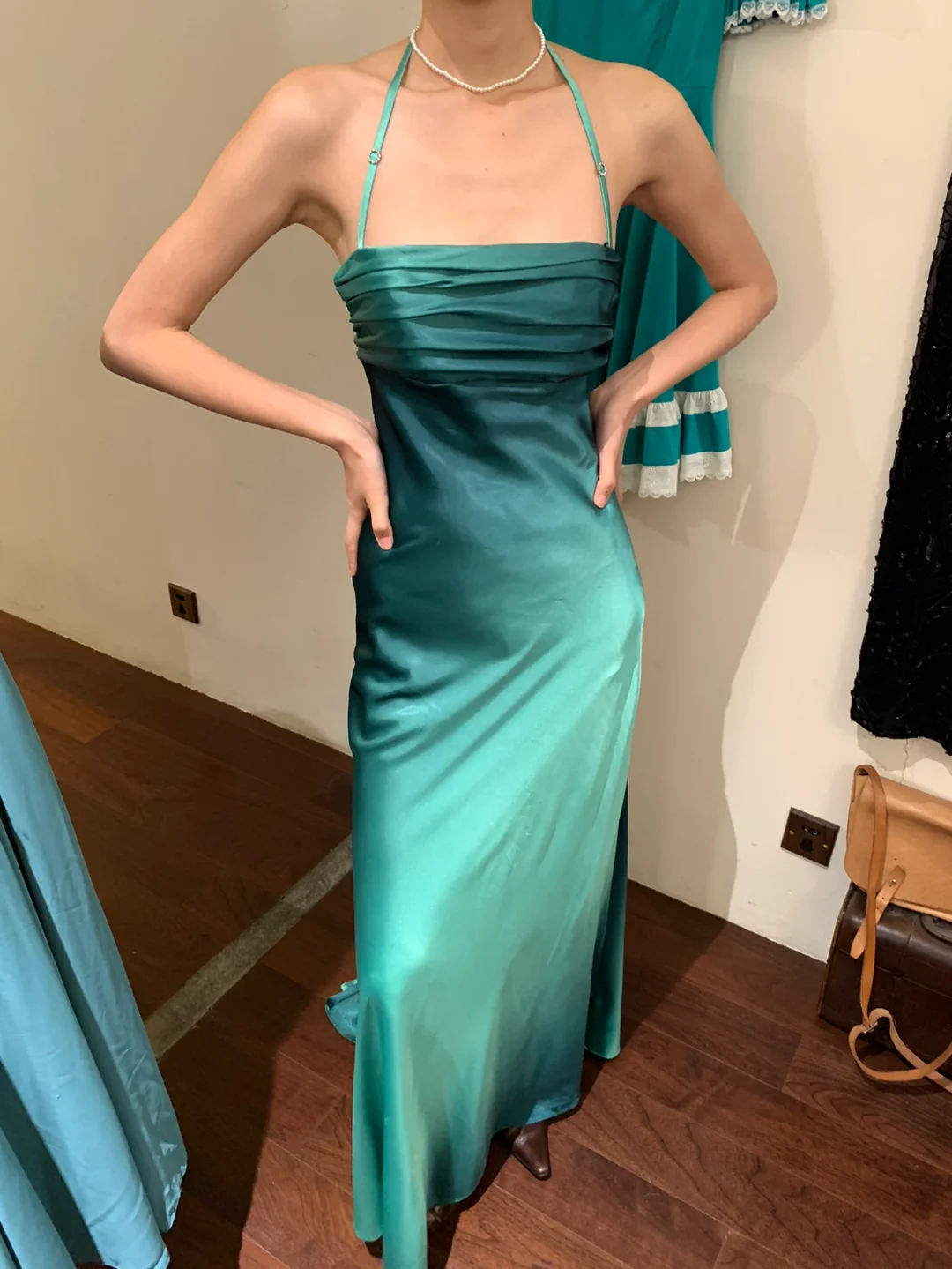 Simple A Line Halter Ombre Blue Satin Open Back Prom Dress Evening Dress SH2974