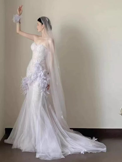 Sexy Mermaid Sweetheart Light Lilac Tulle Prom Dresses Party Dress Summer 20th Birthday Outfits Birthday Dresses W0796