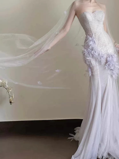 Sexy Mermaid Sweetheart Light Lilac Tulle Prom Dresses Party Dress Summer 20th Birthday Outfits Birthday Dresses W0796