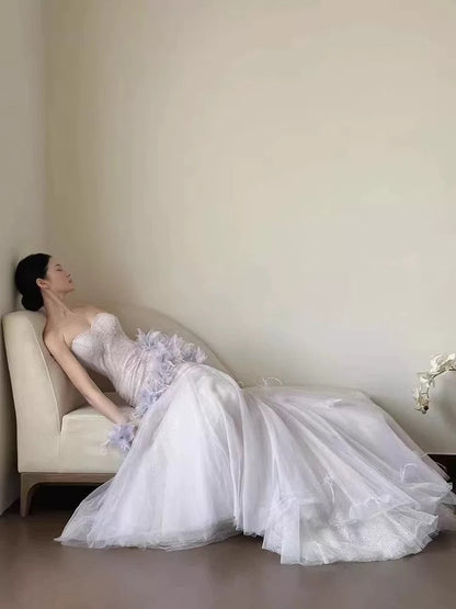 Sexy Mermaid Sweetheart Light Lilac Tulle Prom Dresses Party Dress Summer 20th Birthday Outfits Birthday Dresses W0796