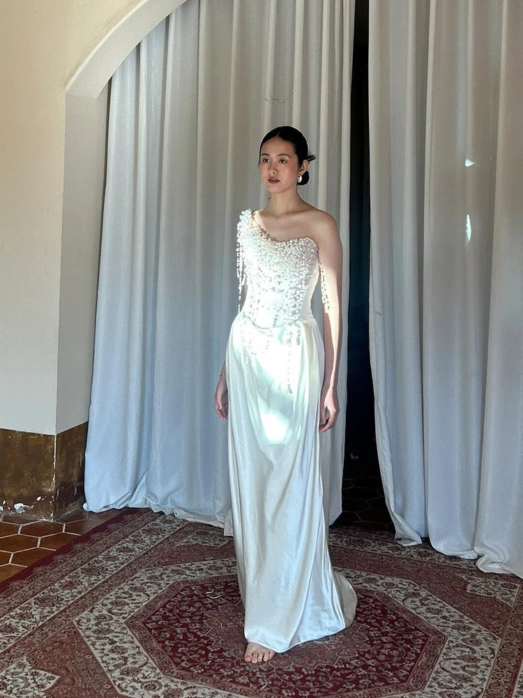 Vintage Wedding Dress Sheath One Shoulder Ivory Summer Beach Long Wedding Dresses Bridal Gowns W0797