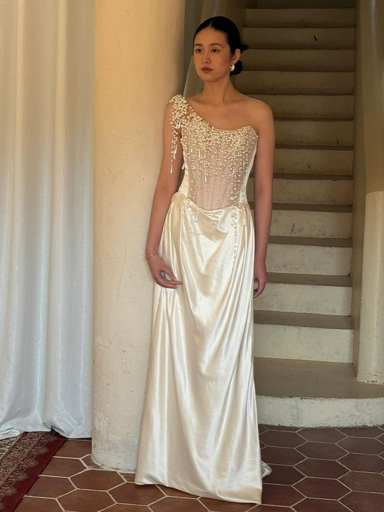 Vintage Wedding Dress Sheath One Shoulder Ivory Summer Beach Long Wedding Dresses Bridal Gowns W0797
