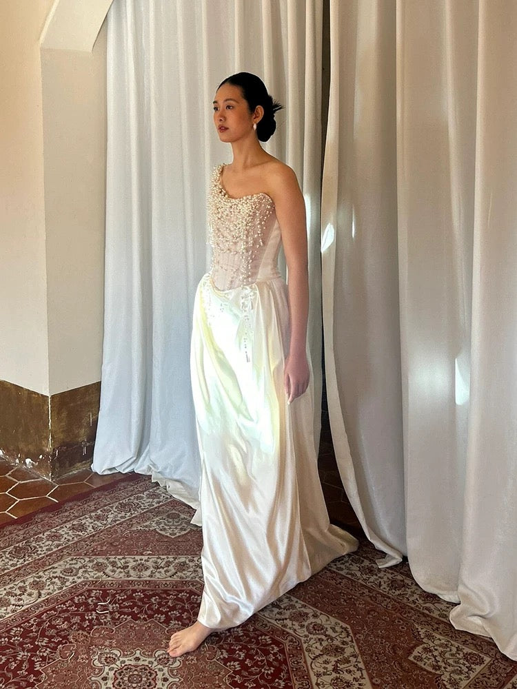 Vintage Wedding Dress Sheath One Shoulder Ivory Summer Beach Long Wedding Dresses Bridal Gowns W0797