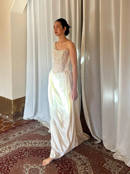 Vintage Wedding Dress Sheath One Shoulder Ivory Summer Beach Long Wedding Dresses Bridal Gowns W0797