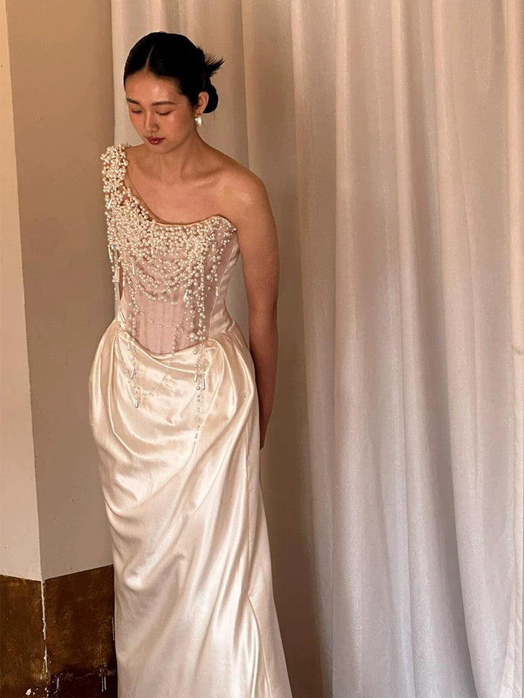 Vintage Wedding Dress Sheath One Shoulder Ivory Summer Beach Long Wedding Dresses Bridal Gowns W0797