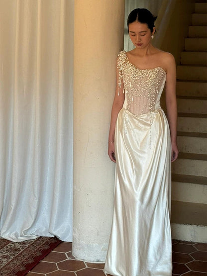 Vintage Wedding Dress Sheath One Shoulder Ivory Summer Beach Long Wedding Dresses Bridal Gowns W0797