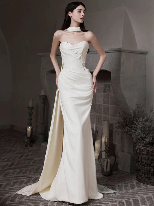 Pretty Wedding Dress Mermaid Sweetheart White Long Satin Wedding Dresses Bridal Gowns Brides Gown W0798