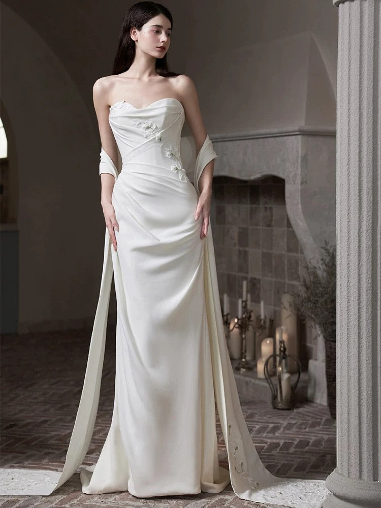 Pretty Wedding Dress Mermaid Sweetheart White Long Satin Wedding Dresses Bridal Gowns Brides Gown W0798