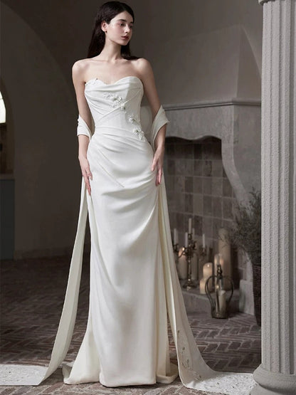 Pretty Wedding Dress Mermaid Sweetheart White Long Satin Wedding Dresses Bridal Gowns Brides Gown W0798