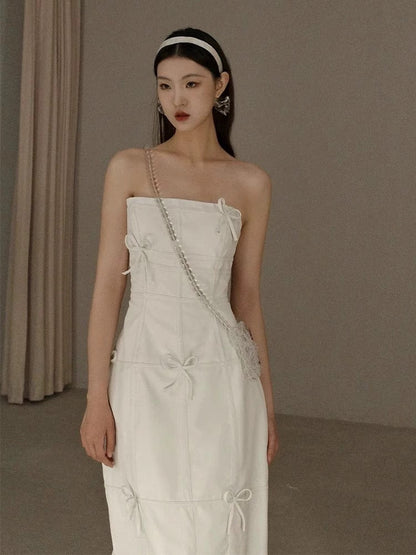 Vintage Wedding Dress Sheath Strapless Ivory Bow-knot Summer Beach Long Wedding Dresses Bridal Gowns W0799