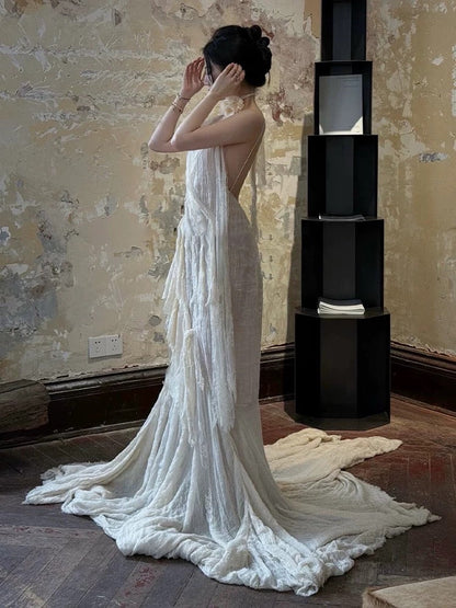 Vintage Wedding Dress A Line Spaghetti Straps Ivory Summer Beach Long Wedding Dresses Bridal Gowns W0800