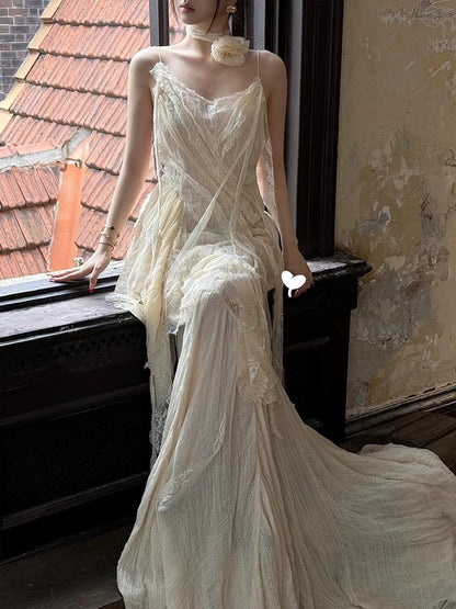 Vintage Wedding Dress A Line Spaghetti Straps Ivory Summer Beach Long Wedding Dresses Bridal Gowns W0800