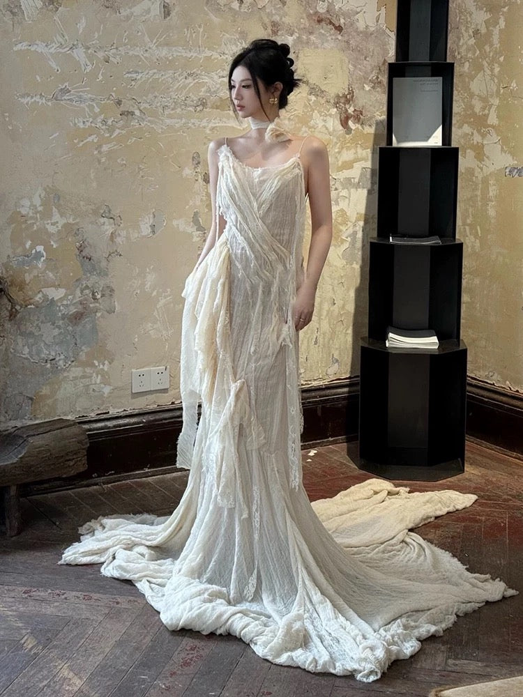 Vintage Wedding Dress A Line Spaghetti Straps Ivory Summer Beach Long Wedding Dresses Bridal Gowns W0800