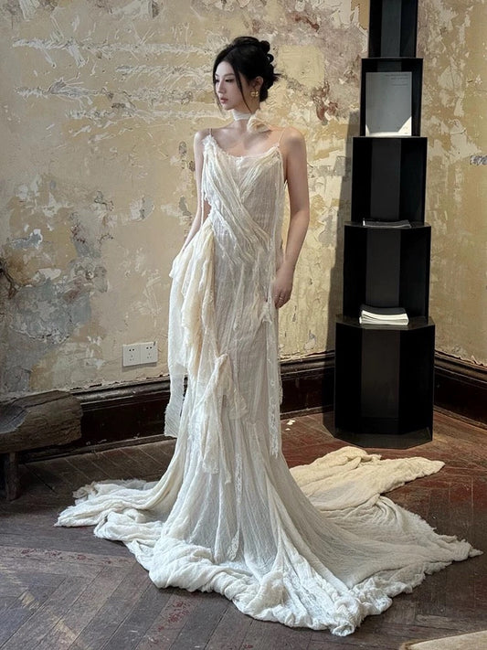 Vintage Wedding Dress A Line Spaghetti Straps Ivory Summer Beach Long Wedding Dresses Bridal Gowns W0800