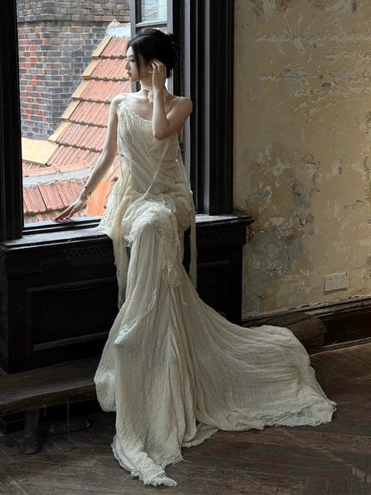 Vintage Wedding Dress A Line Spaghetti Straps Ivory Summer Beach Long Wedding Dresses Bridal Gowns W0800