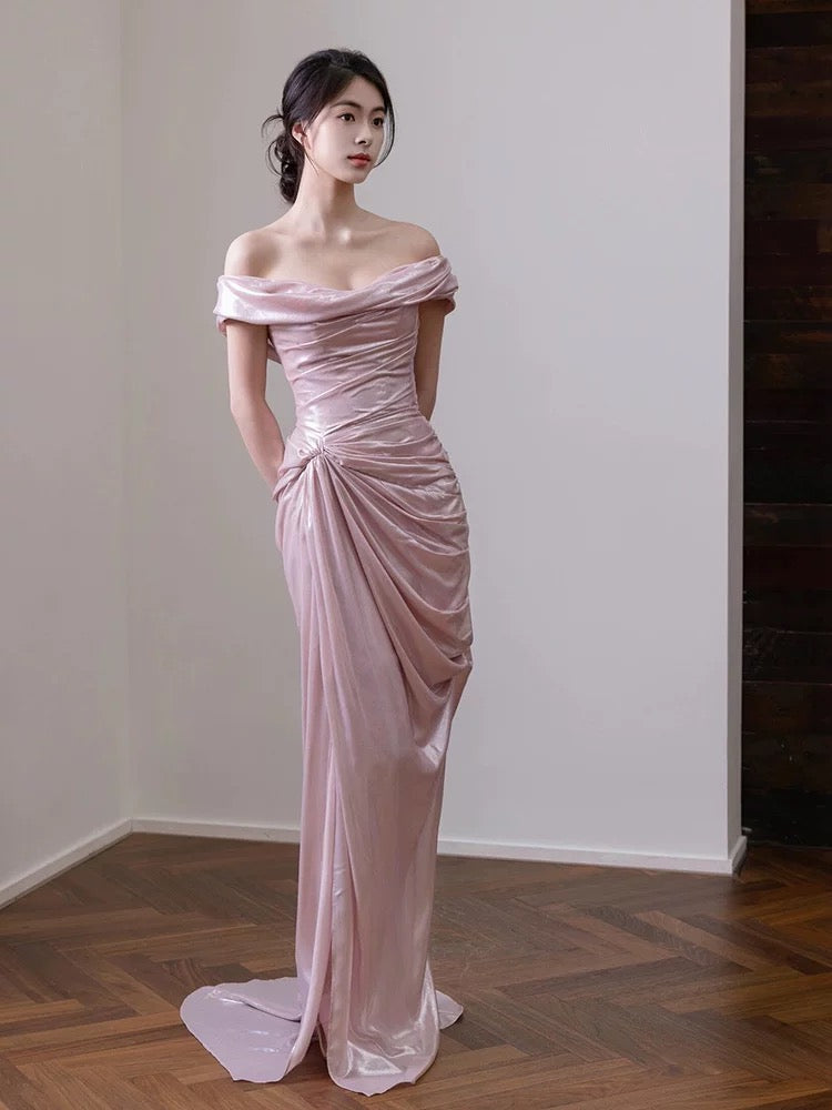 Elegant Mermaid Off The Shoulder Pink Satin Short Sleeves Long Evening Party Gowns Evening Formal Dresses Prom Dress W801